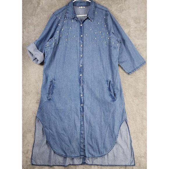 MPH Collection Shirt Dress Womens 2X Denim Pearl Embellished Button Front Tunic - Picture 1 of 9